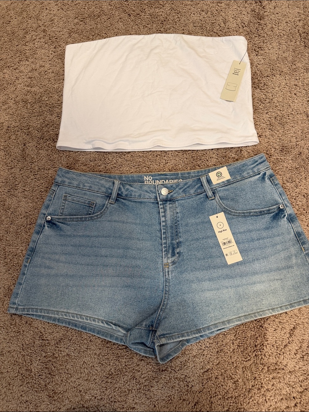 No Boundaries Light Blue Denim High-Rise Jean Shorts with cropped tube top